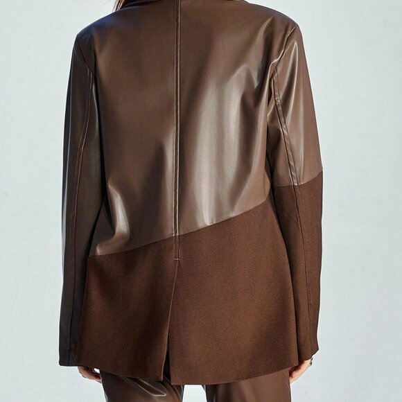 Brown Elegant Women's Style Asymmetrical Design Woven Fabric Patchwork Blazer - Picture 4 of 7
